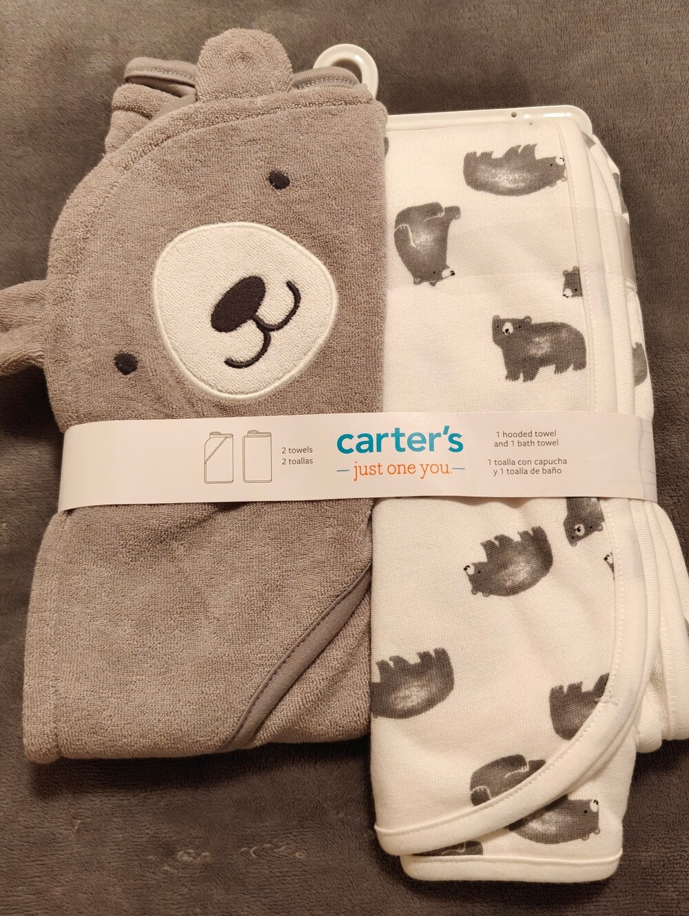 Baby Carter's Gray Bear Hooded Towel and Washcloth Set - 2 Pieces